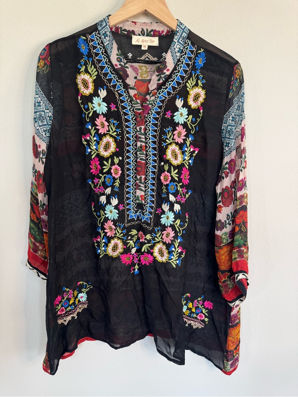 All About Her Embroidered Boho Tunic Top Black Floral Cupro Johnny Was Style M